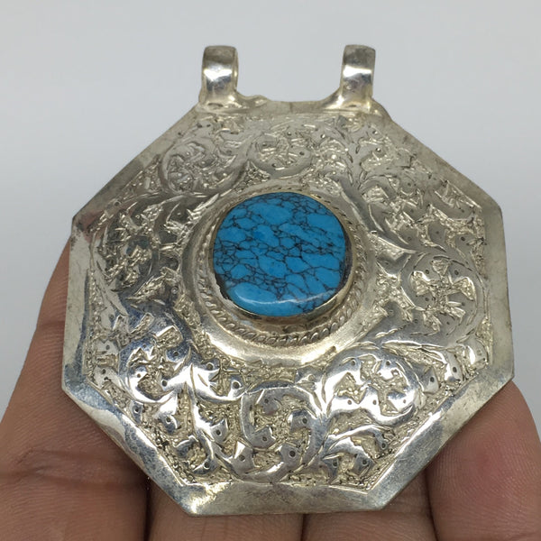 1pc, 2.4"x2.1"x0.6",  Turkmen Pendant Blue Turquoise Inlay Handmade, TN545