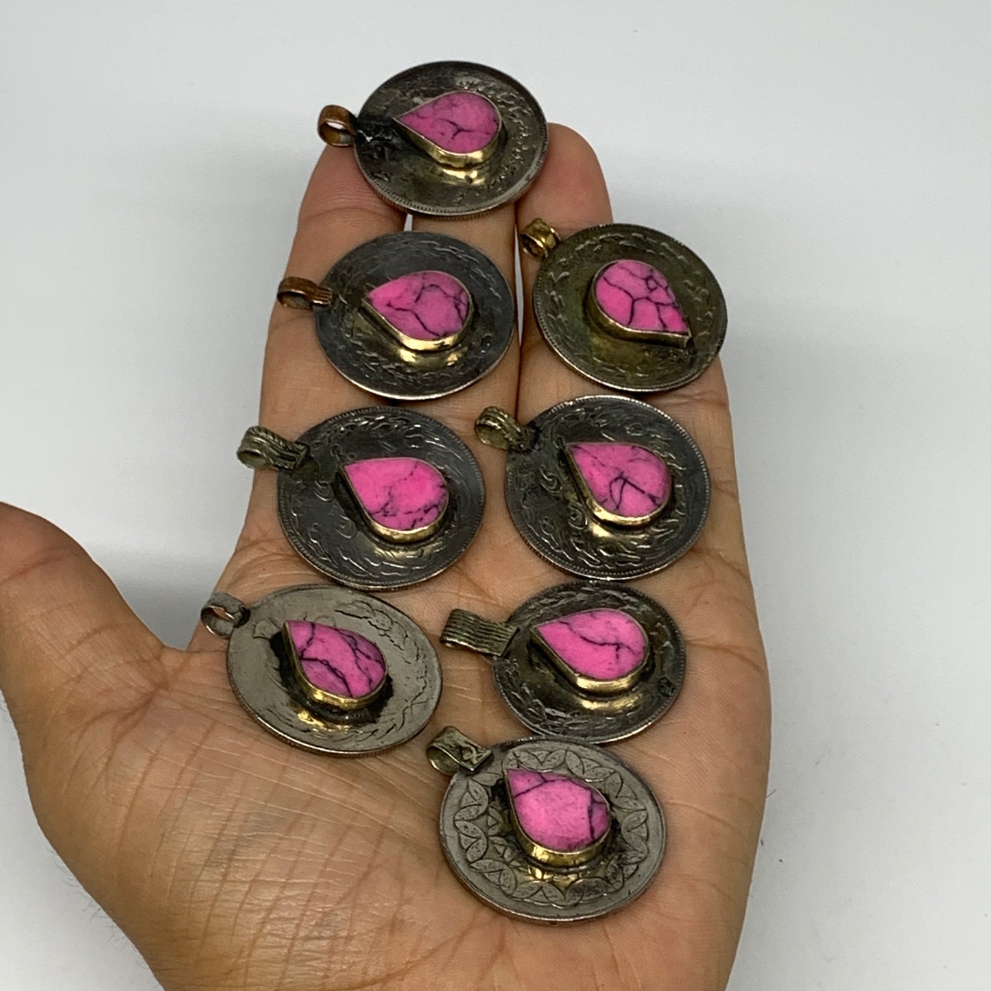 81g, 8pcs, Turkmen Coins Jeweled Synthetic Pink Tribal @Afghanistan, B14530