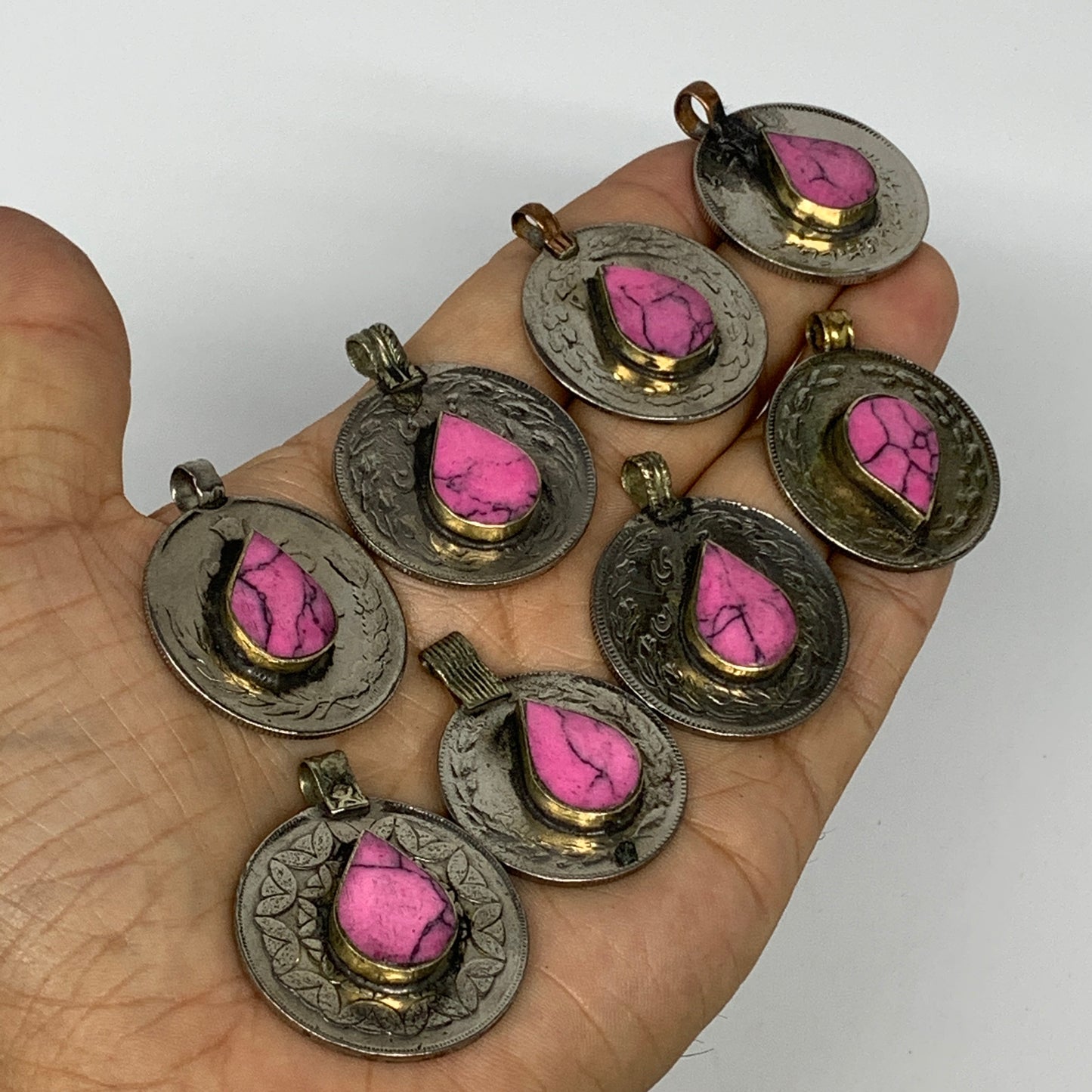 81g, 8pcs, Turkmen Coins Jeweled Synthetic Pink Tribal @Afghanistan, B14530