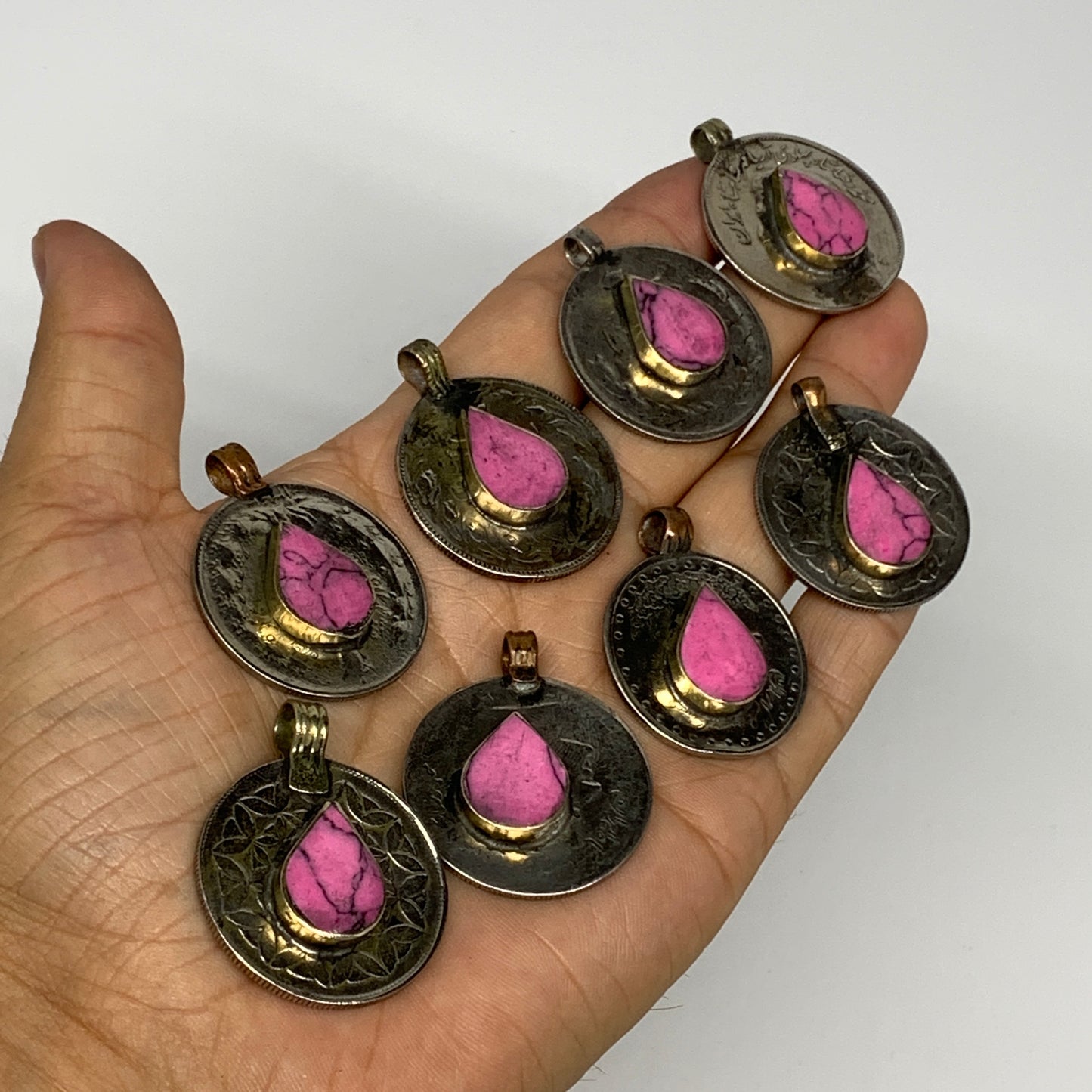 83g, 8pcs, Turkmen Coins Jeweled Synthetic Pink Tribal @Afghanistan, B14531
