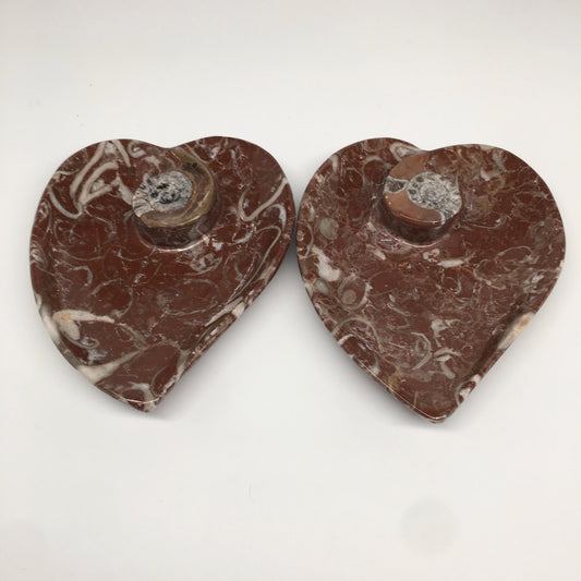 2pcs,6.25"x5.2" Ammonite Fossils Heart Plates Dishes Red Marble @Morocco,MF1356