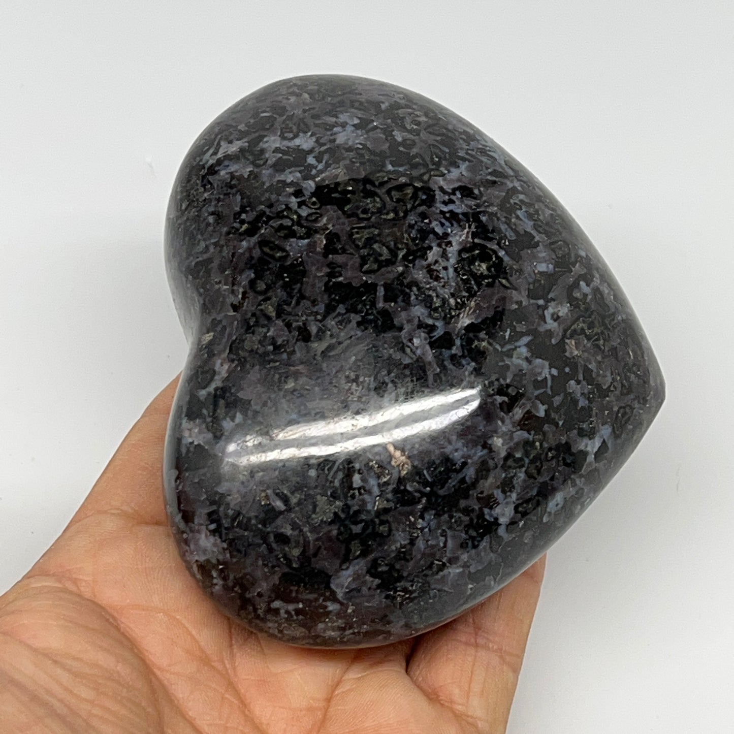 446.4g,3.2"x3.7"x1.6" Indigo Gabro Merlinite Heart Gemstone @Madagascar,B19932