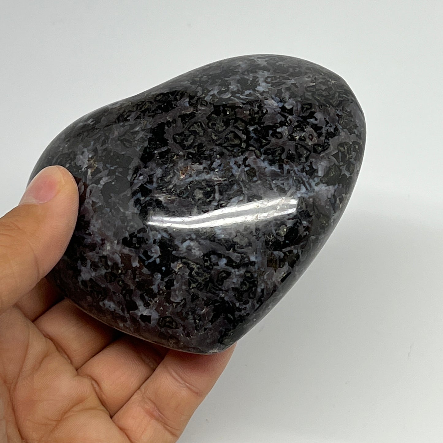 446.4g,3.2"x3.7"x1.6" Indigo Gabro Merlinite Heart Gemstone @Madagascar,B19932