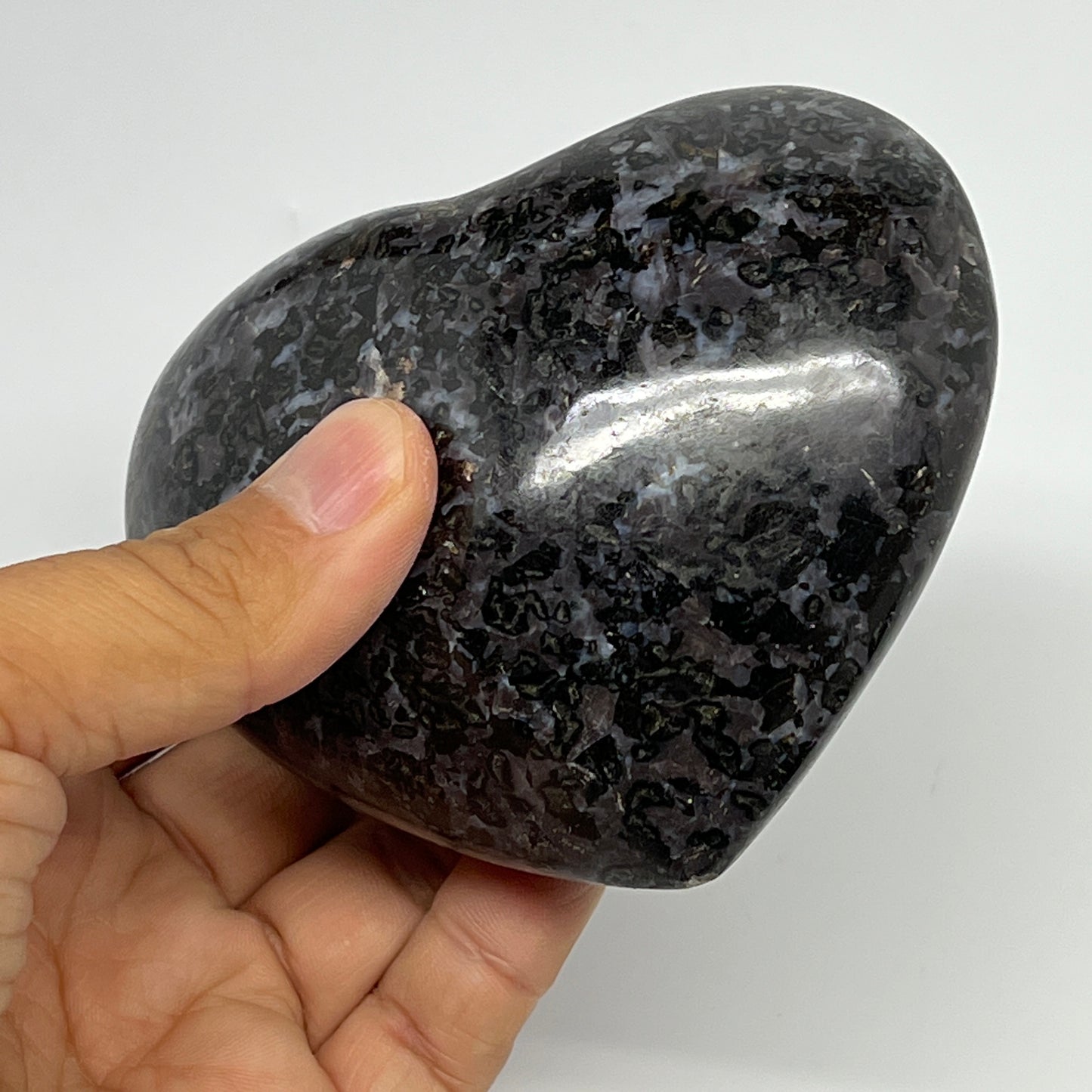 446.4g,3.2"x3.7"x1.6" Indigo Gabro Merlinite Heart Gemstone @Madagascar,B19932