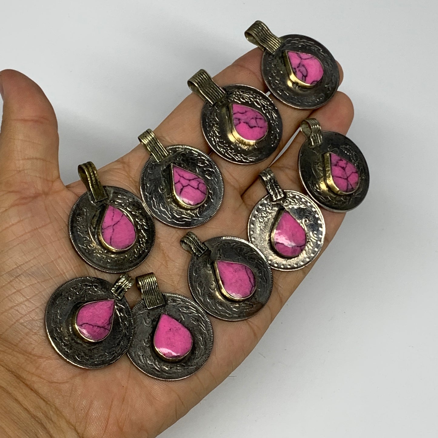 96g, 9pcs, Turkmen Coins Jeweled Synthetic Pink Tribal @Afghanistan, B14534