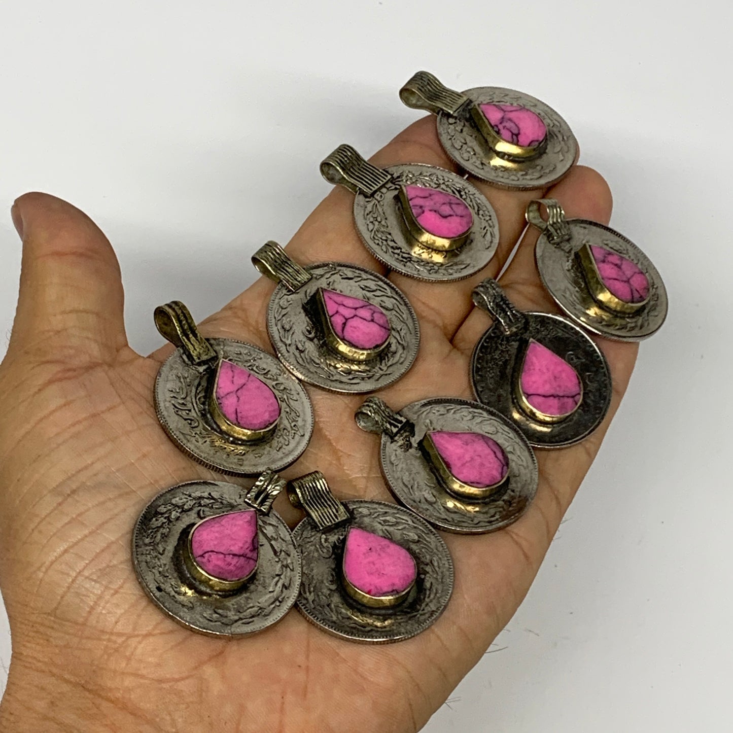 96g, 9pcs, Turkmen Coins Jeweled Synthetic Pink Tribal @Afghanistan, B14534