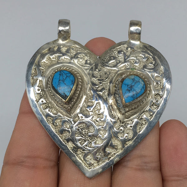 1pc, 2.4"x2.1"x0.4",Turkmen Pendant Blue Turquoise Inlay Heart Handmade,TN549