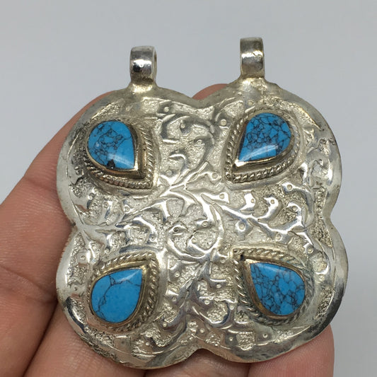 1pc, 2.2"x2"x0.4",Turkmen Pendant Blue Turquoise Inlay Square Handmade,TN550