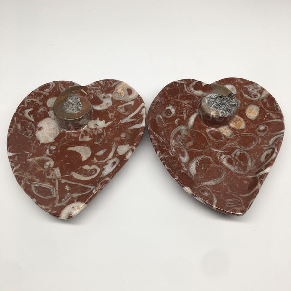 2pcs,6.25"x5.2" Ammonite Fossils Heart Plates Dishes Red Marble @Morocco,MF1361