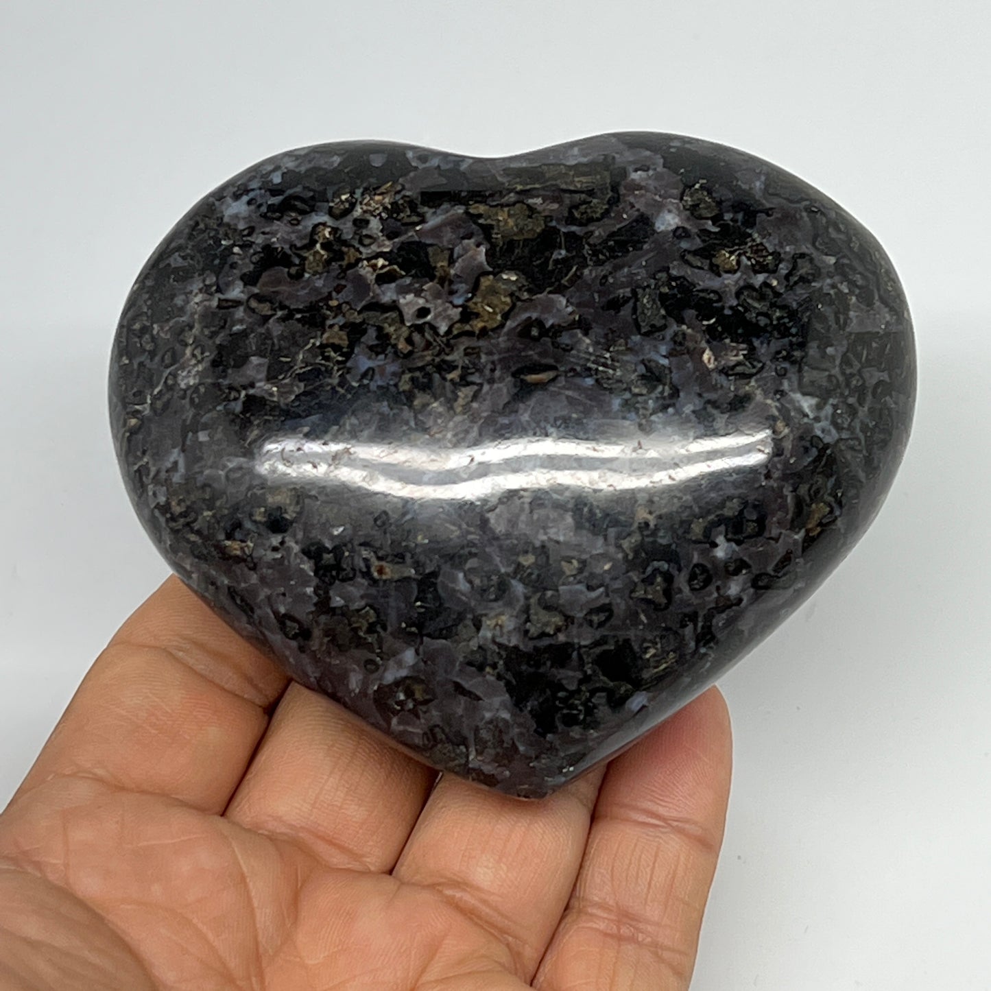329.8g,2.9"x3.5"x1.3" Indigo Gabro Merlinite Heart Gemstone @Madagascar,B19935