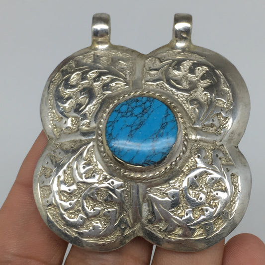 1pc, 2.3"x2"x0.5",Turkmen Pendant Blue Turquoise Inlay Heart Handmade,TN553