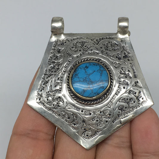 1pc, 2.5"x2.3"x0.5",Turkmen Pendant Blue Turquoise Inlay Pentagonal Shape,TN557