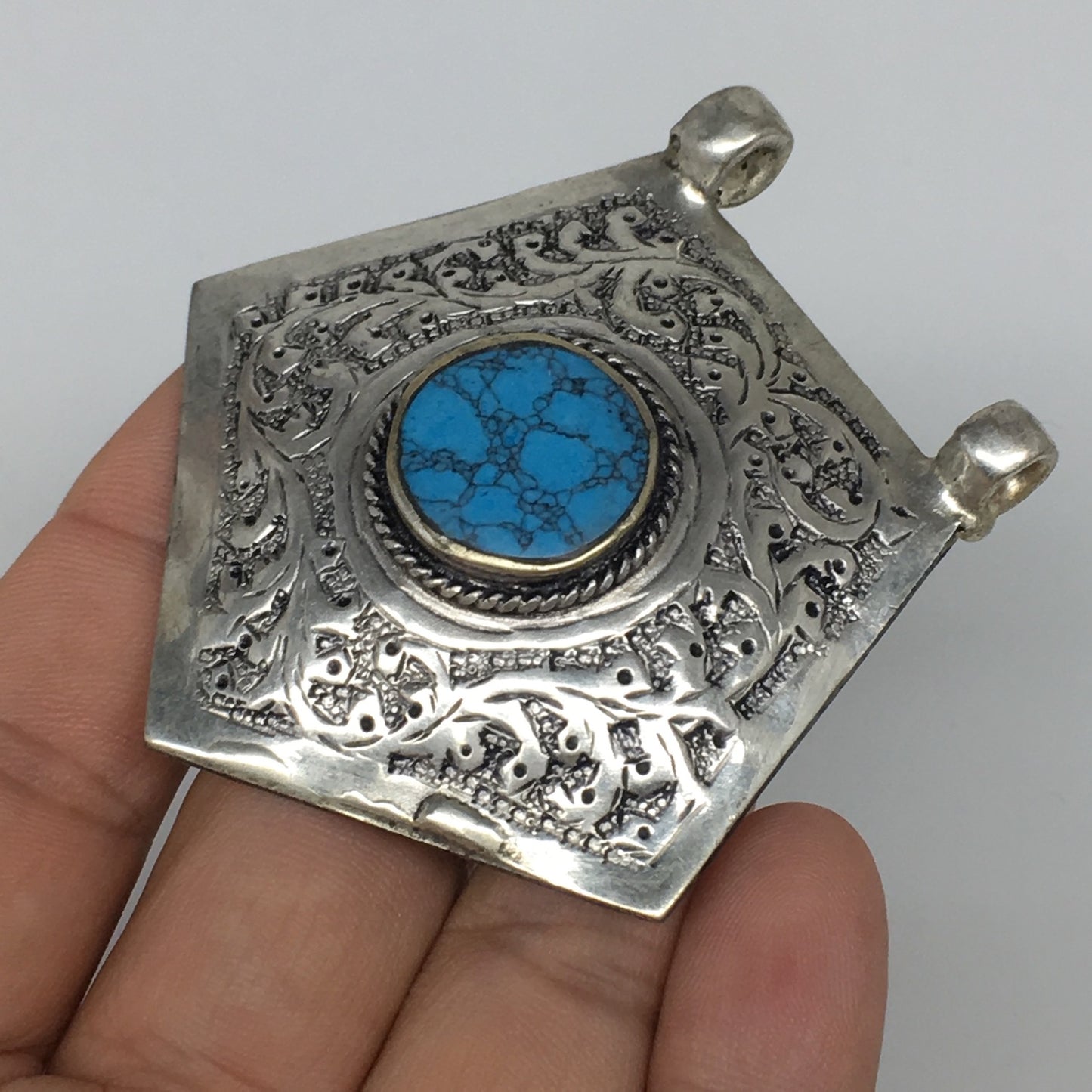 1pc, 2.5"x2.3"x0.5",Turkmen Pendant Blue Turquoise Inlay Pentagonal Shape,TN557