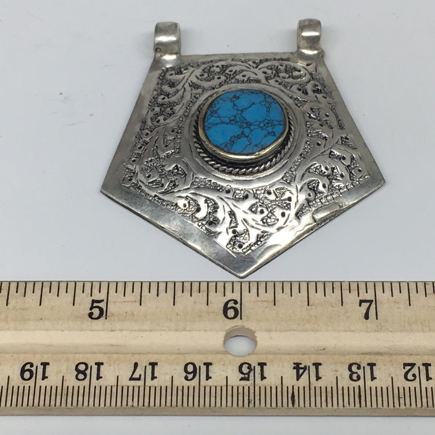 1pc, 2.5"x2.3"x0.5",Turkmen Pendant Blue Turquoise Inlay Pentagonal Shape,TN557