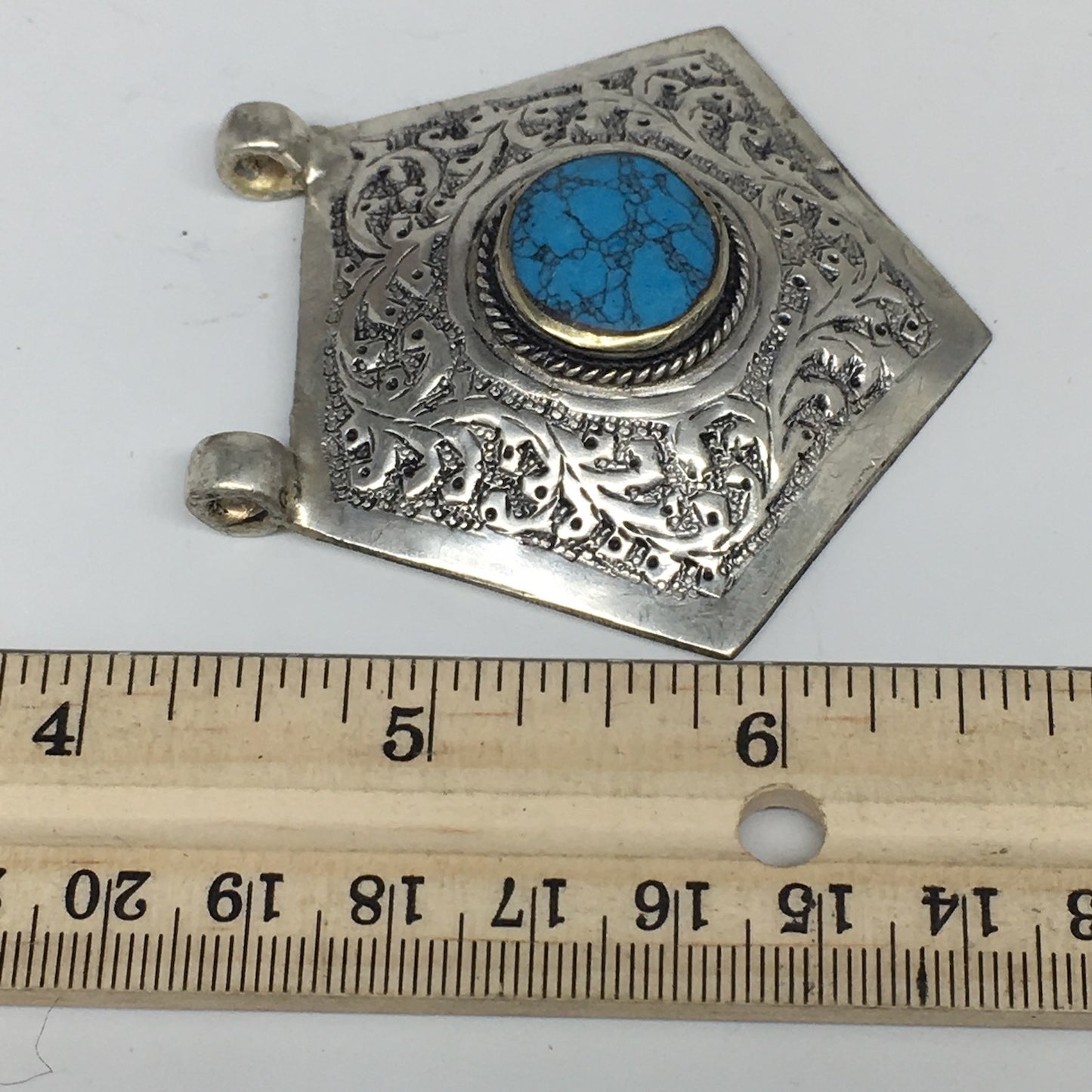 1pc, 2.5"x2.3"x0.5",Turkmen Pendant Blue Turquoise Inlay Pentagonal Shape,TN557