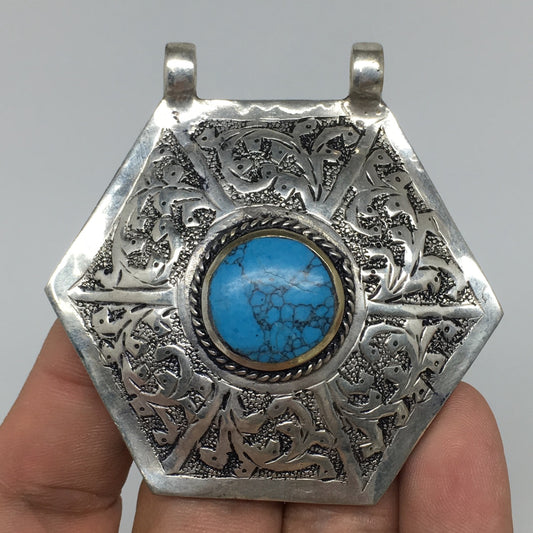 1pc, 2.4"x2.4"x0.4", Turkmen Pendant Blue Turquoise Inlay Hexagonal Shape,TN560