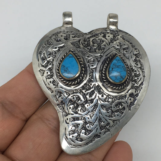 1pc, 2.6"x2.1"x0.5", Turkmen Pendant Blue Turquoise Inlay Drop Shape,TN561