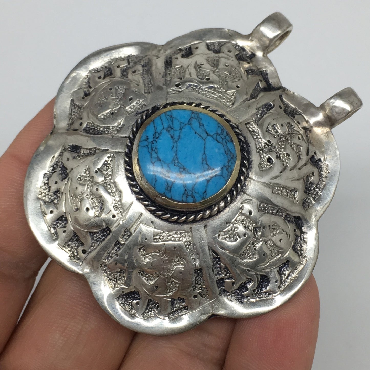 1pc,2.3"x2.1"x0.6",Turkmen Pendant Blue Turquoise Inlay Flower Shape,TN562