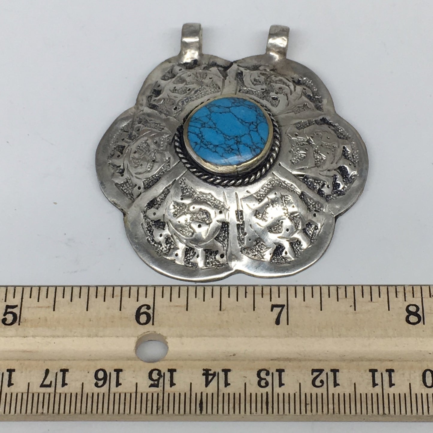 1pc,2.3"x2.1"x0.6",Turkmen Pendant Blue Turquoise Inlay Flower Shape,TN562