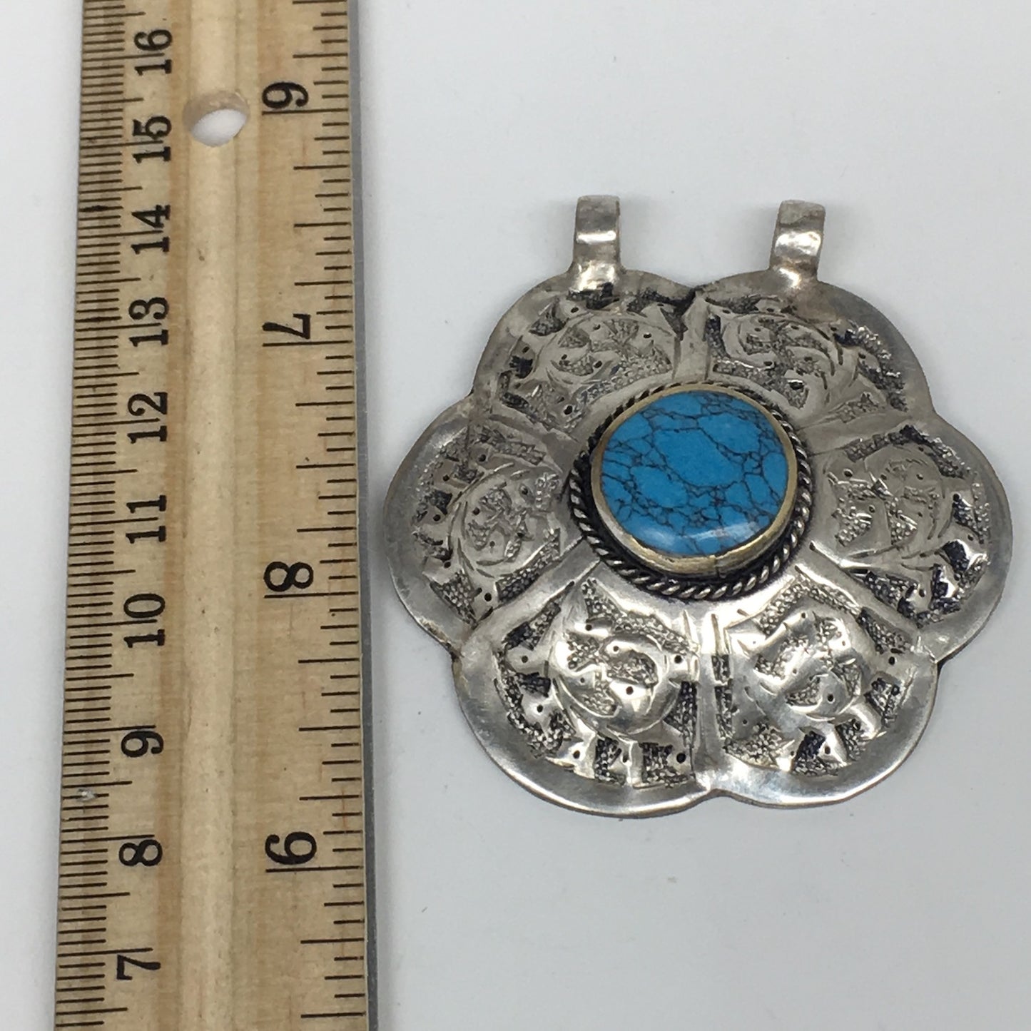 1pc,2.3"x2.1"x0.6",Turkmen Pendant Blue Turquoise Inlay Flower Shape,TN562