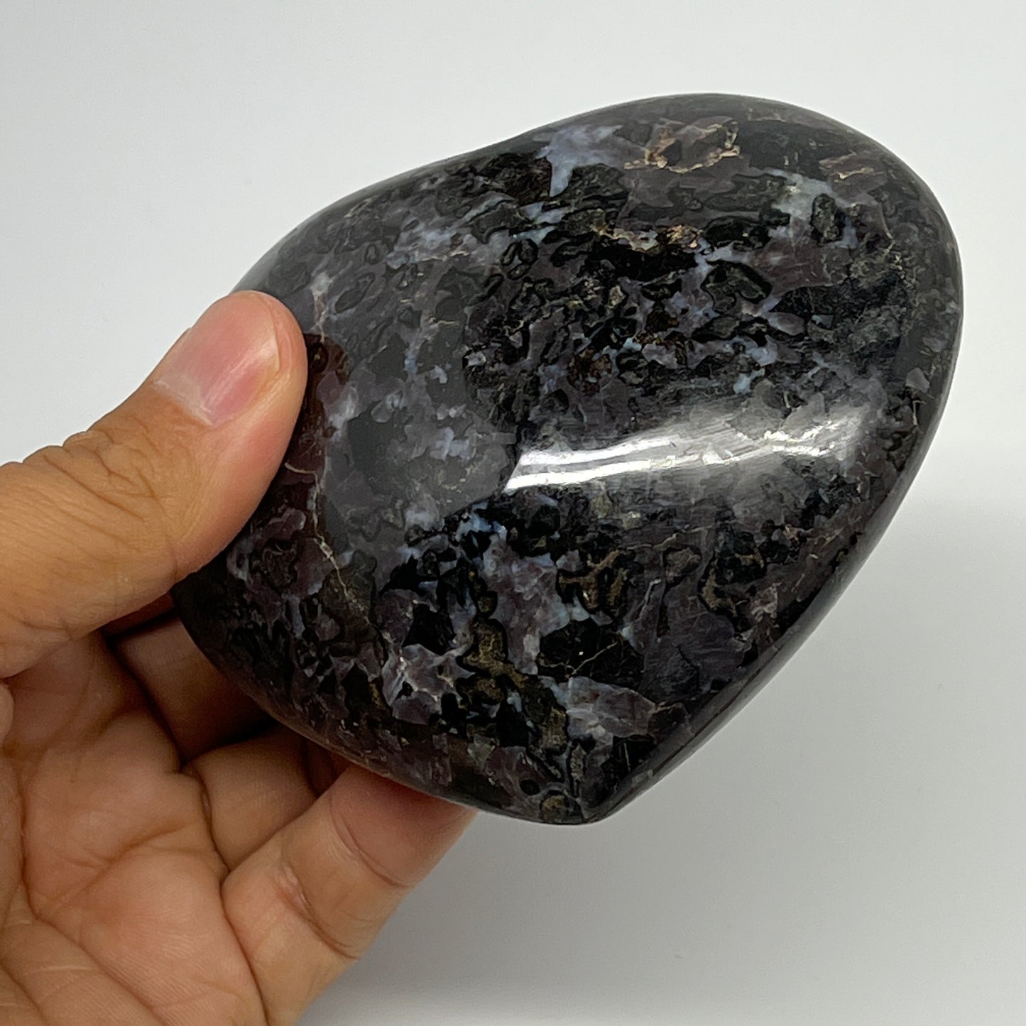 411g,3.2"x3.8"x1.4" Indigo Gabro Merlinite Heart Gemstone @Madagascar,B19943