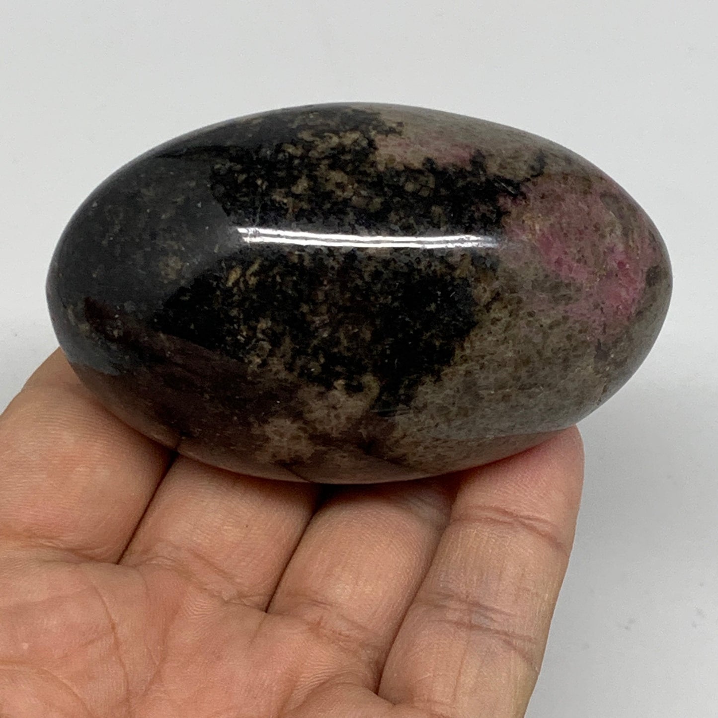 221.6g, 2.8"x1.7"x1.6", Rhodonite Palm-Stone Polished Reiki Madagascar,B12097