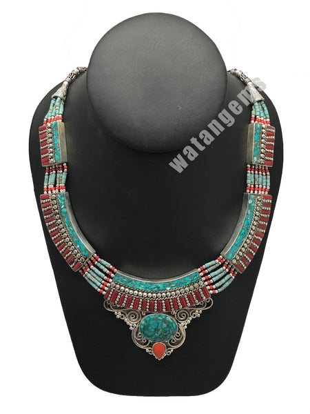 Ethnic Tribal Nepalese tribal Red Coral & Turquoise Inlay Boho Necklace, E216 - watangem.com