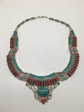 Ethnic Tribal Nepalese tribal Red Coral & Turquoise Inlay Boho Necklace, E216 - watangem.com
