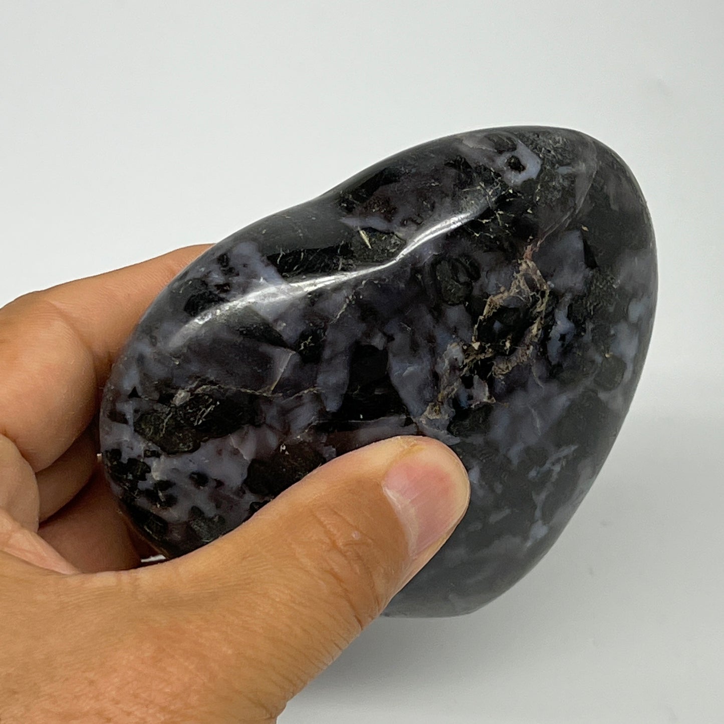 346.7g,3"x3.6"x1.3" Indigo Gabro Merlinite Heart Gemstone @Madagascar,B19947