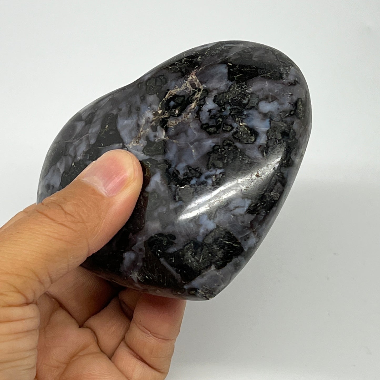 346.7g,3"x3.6"x1.3" Indigo Gabro Merlinite Heart Gemstone @Madagascar,B19947