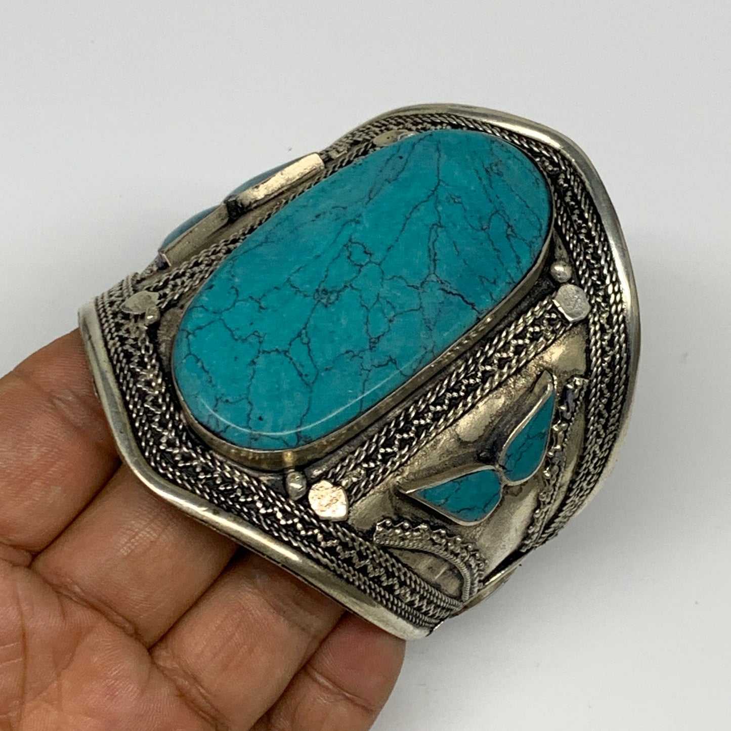 56.1g, 3.2" Vintage Reproduced Afghan Turkmen Synthetic Turquoise Cuff Bracelet,