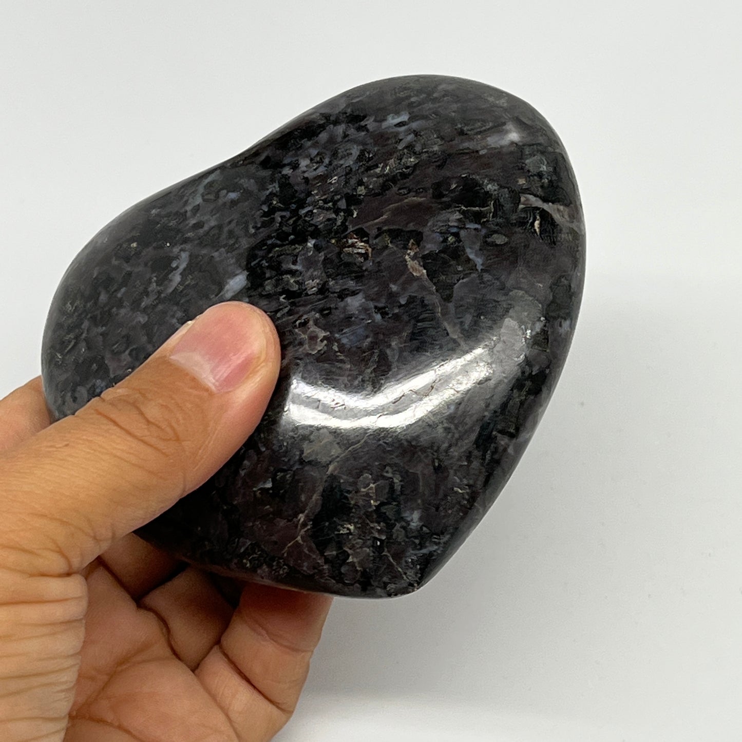 460g,3.5"x3.8"x1.6" Indigo Gabro Merlinite Heart Gemstone @Madagascar,B19950