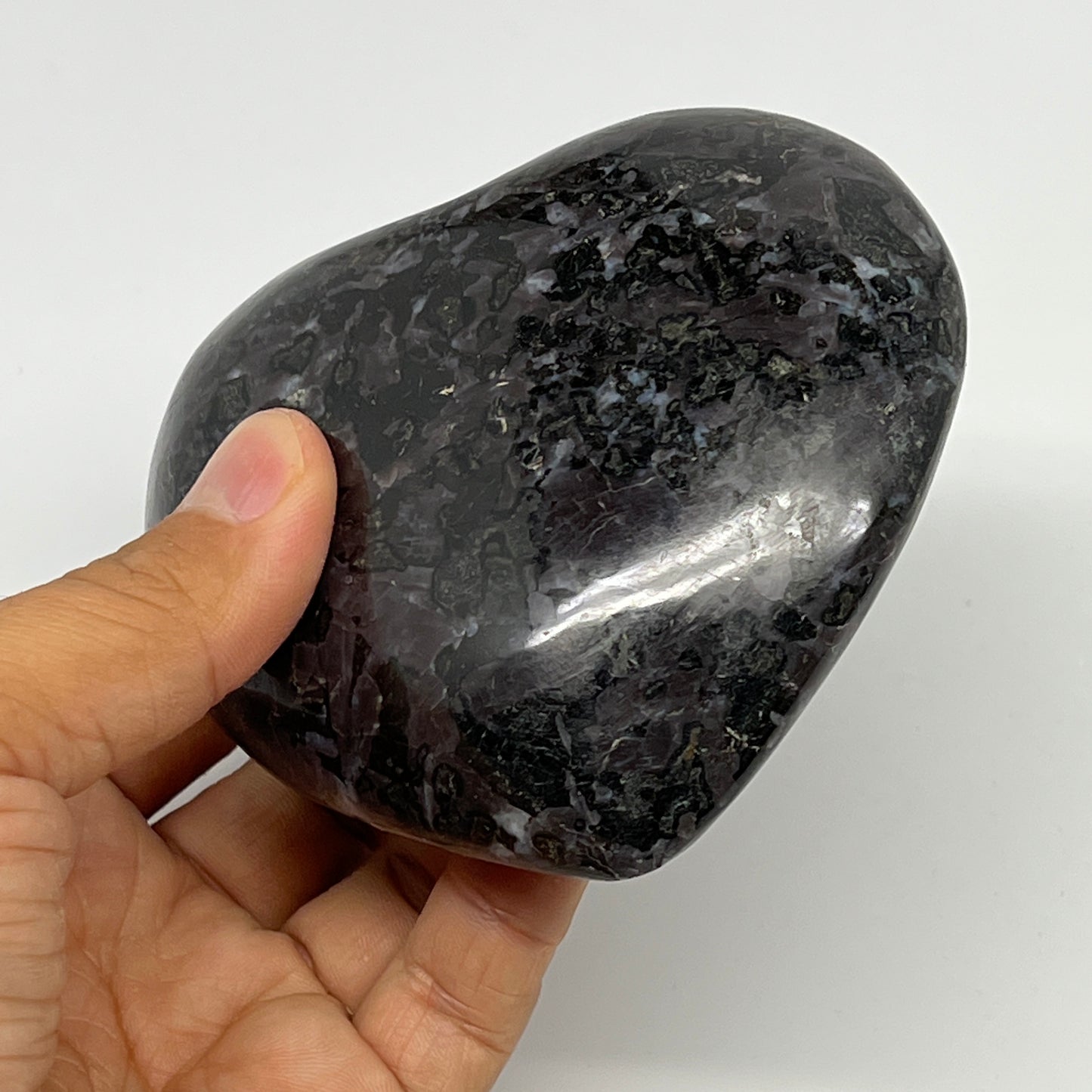 460g,3.5"x3.8"x1.6" Indigo Gabro Merlinite Heart Gemstone @Madagascar,B19950