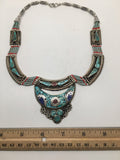 Ethnic Tribal Nepalese tribal Lapis, Coral & Green Turquoise Inlay Necklace,E227 - watangem.com