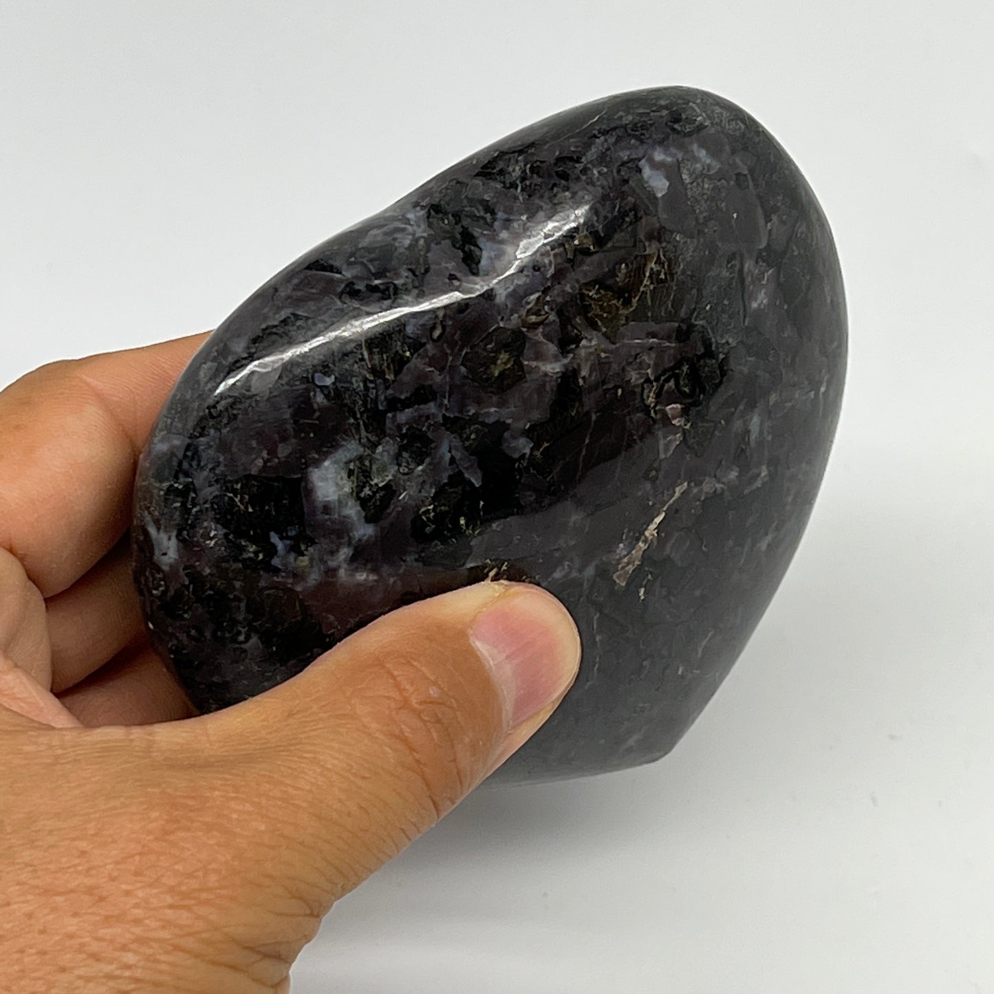 387.3g,3.3"x3.7"x1.2" Indigo Gabro Merlinite Heart Gemstone @Madagascar,B19951