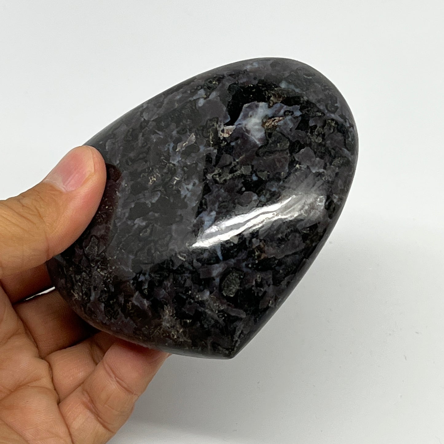 387.3g,3.3"x3.7"x1.2" Indigo Gabro Merlinite Heart Gemstone @Madagascar,B19951