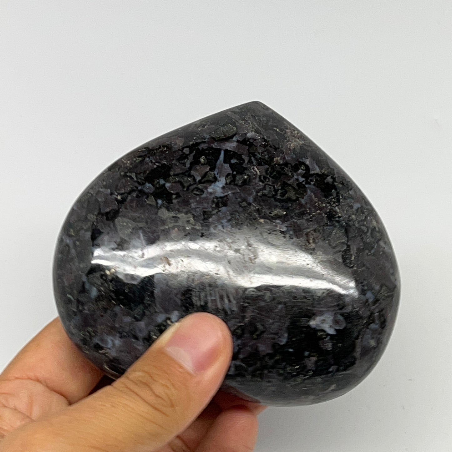 387.3g,3.3"x3.7"x1.2" Indigo Gabro Merlinite Heart Gemstone @Madagascar,B19951