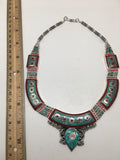 Ethnic Tribal Nepalese tribal Red Coral & Turquoise Inlay Boho Necklace, E230 - watangem.com