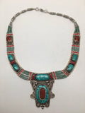 Ethnic Tribal Nepalese tribal Red Coral & Turquoise Inlay Boho Necklace, E231 - watangem.com