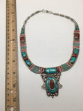 Ethnic Tribal Nepalese tribal Red Coral & Turquoise Inlay Boho Necklace, E231 - watangem.com