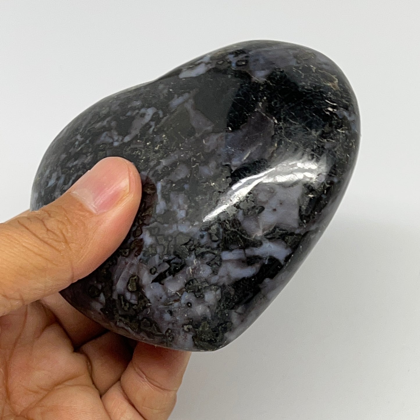 402.9g,3.2"x3.7"x1.3" Indigo Gabro Merlinite Heart Gemstone @Madagascar,B19952