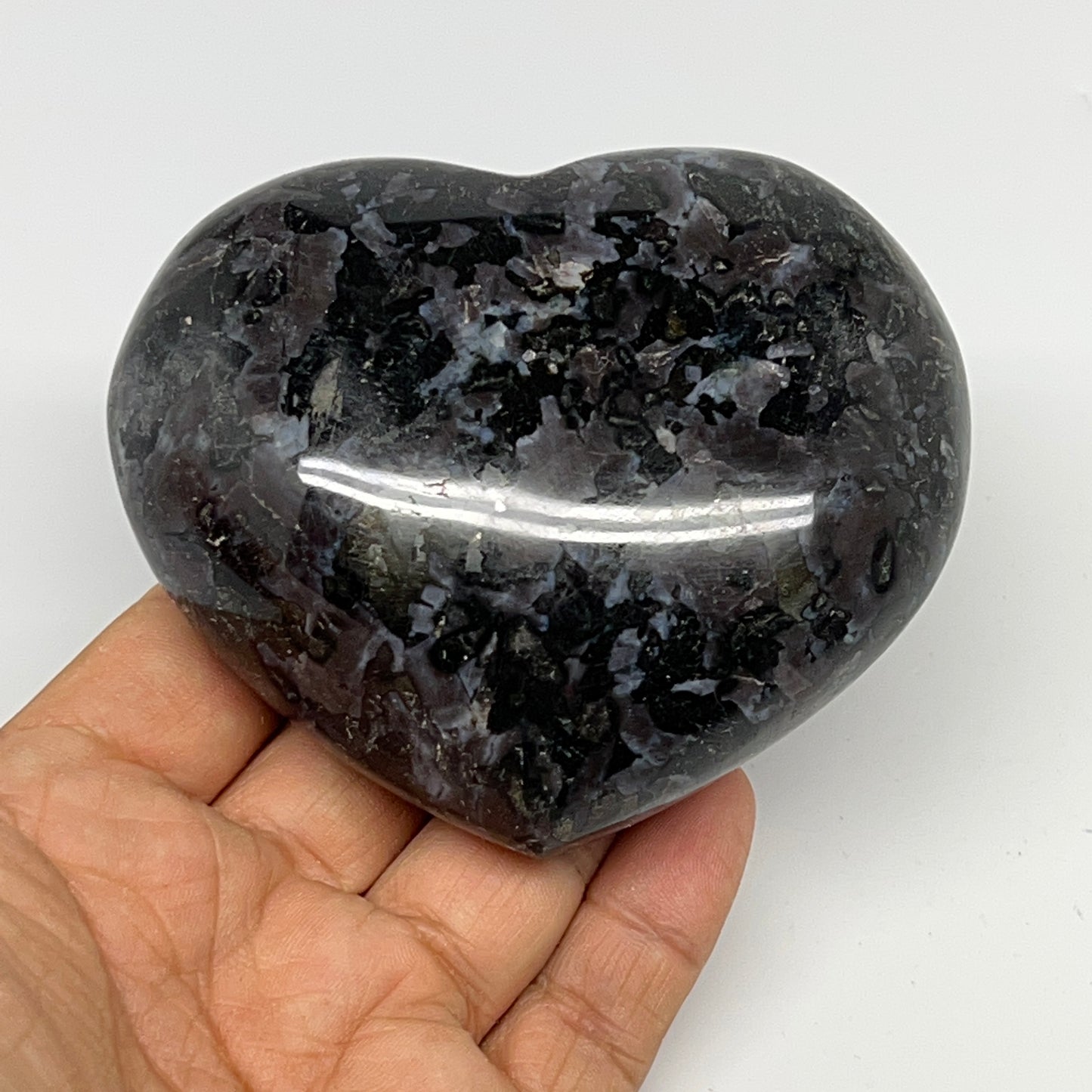 378g,3"x3.5"x1.4" Indigo Gabro Merlinite Heart Gemstone @Madagascar, B19954