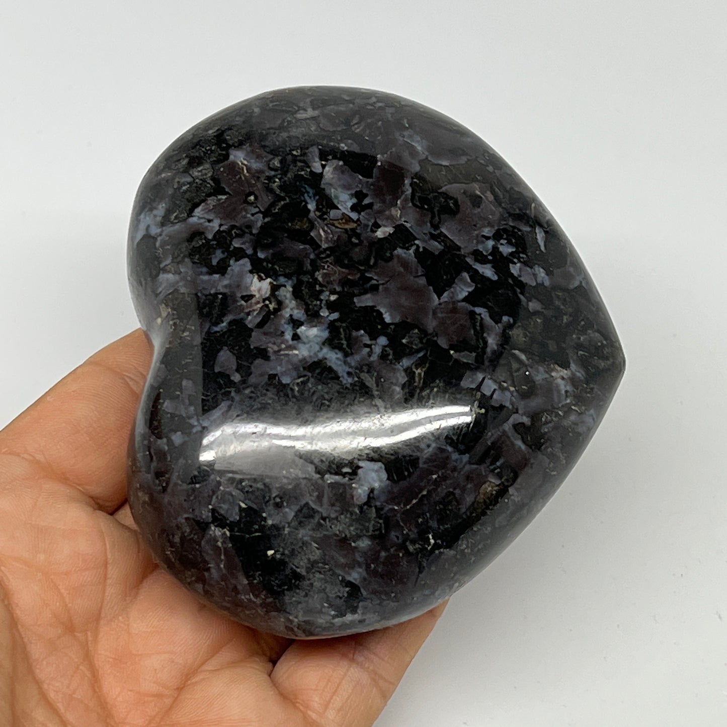378g,3"x3.5"x1.4" Indigo Gabro Merlinite Heart Gemstone @Madagascar, B19954