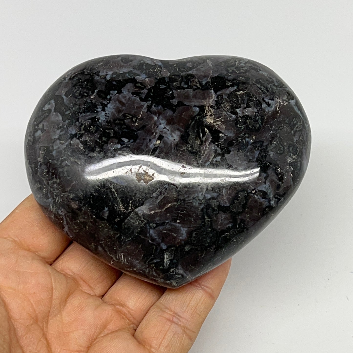 378g,3"x3.5"x1.4" Indigo Gabro Merlinite Heart Gemstone @Madagascar, B19954