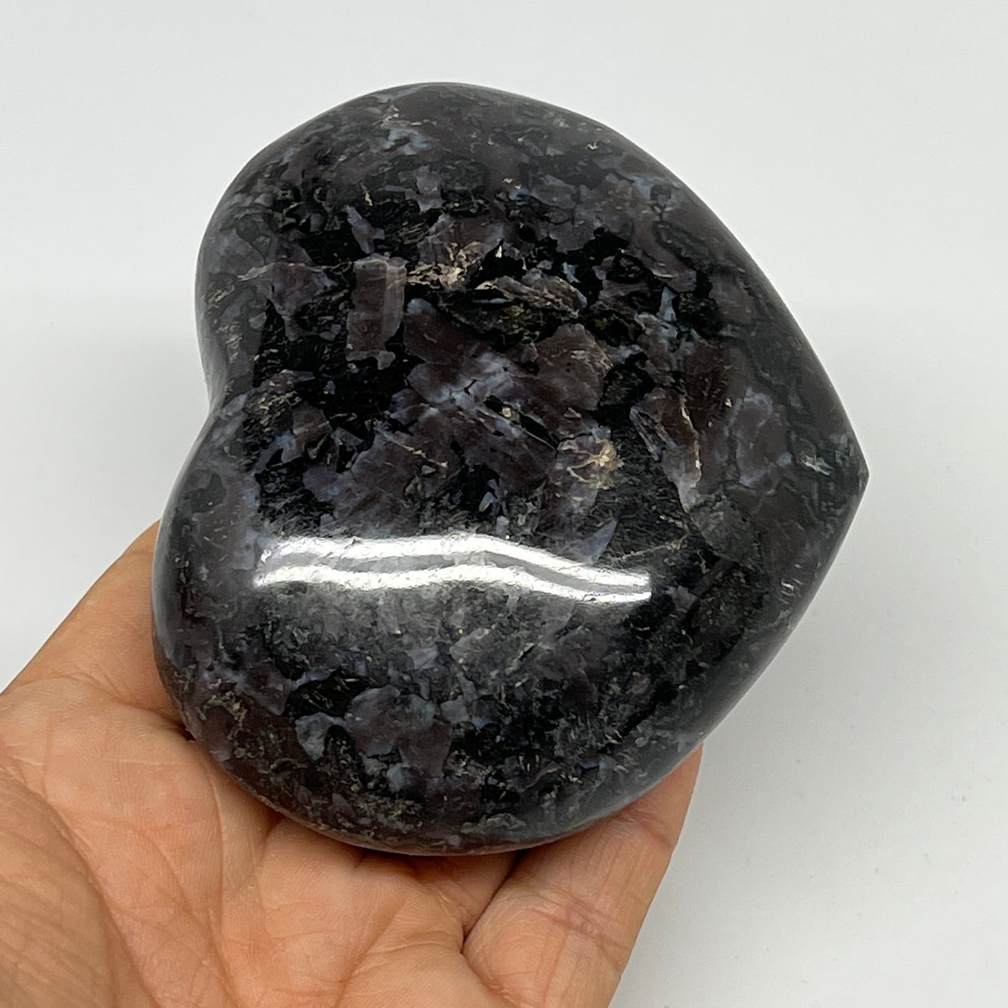 378g,3"x3.5"x1.4" Indigo Gabro Merlinite Heart Gemstone @Madagascar, B19954