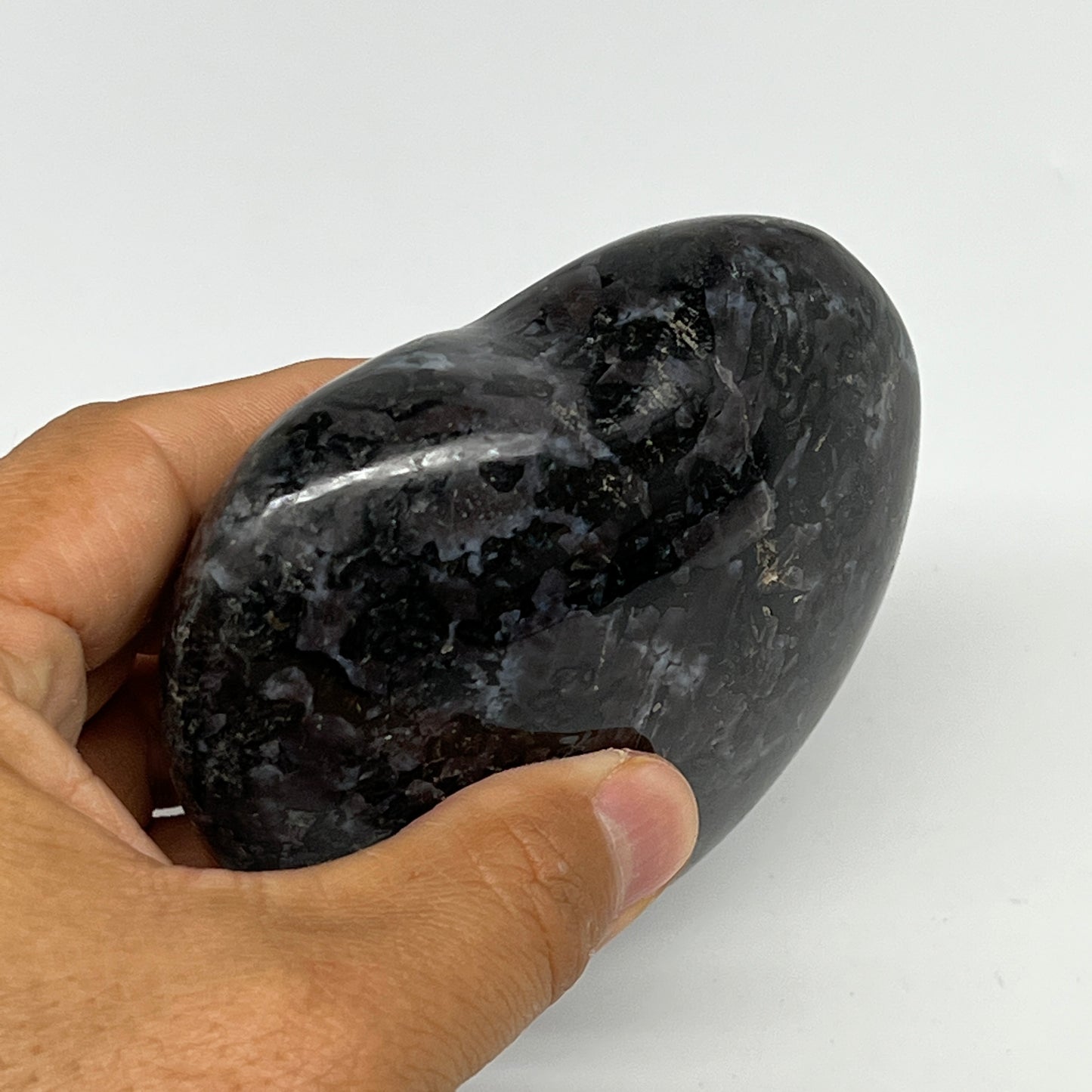 378g,3"x3.5"x1.4" Indigo Gabro Merlinite Heart Gemstone @Madagascar, B19954