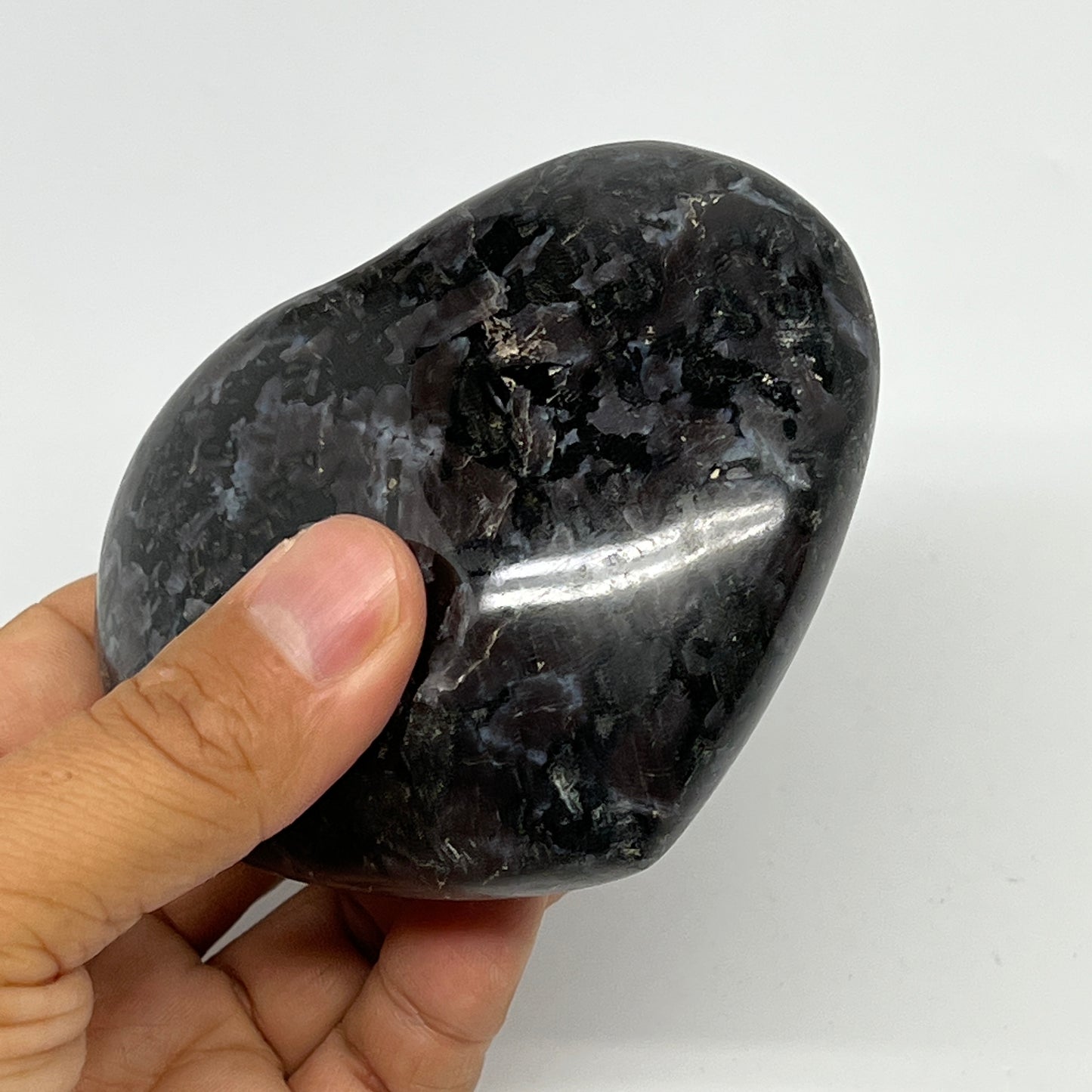 378g,3"x3.5"x1.4" Indigo Gabro Merlinite Heart Gemstone @Madagascar, B19954