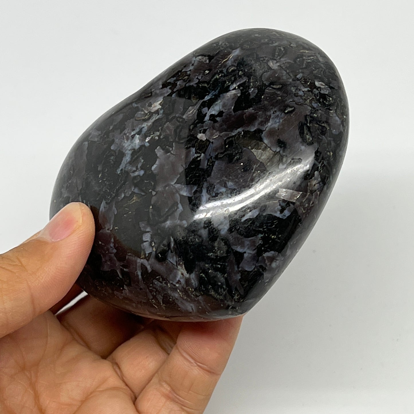 378g,3"x3.5"x1.4" Indigo Gabro Merlinite Heart Gemstone @Madagascar, B19954