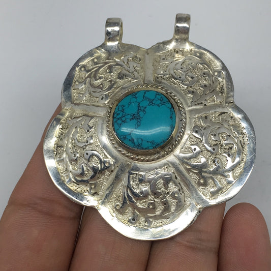 1pc,2.5"x2.2"x0.6",Turkmen Pendant Green Turquoise Inlay Flower Shape,TN579