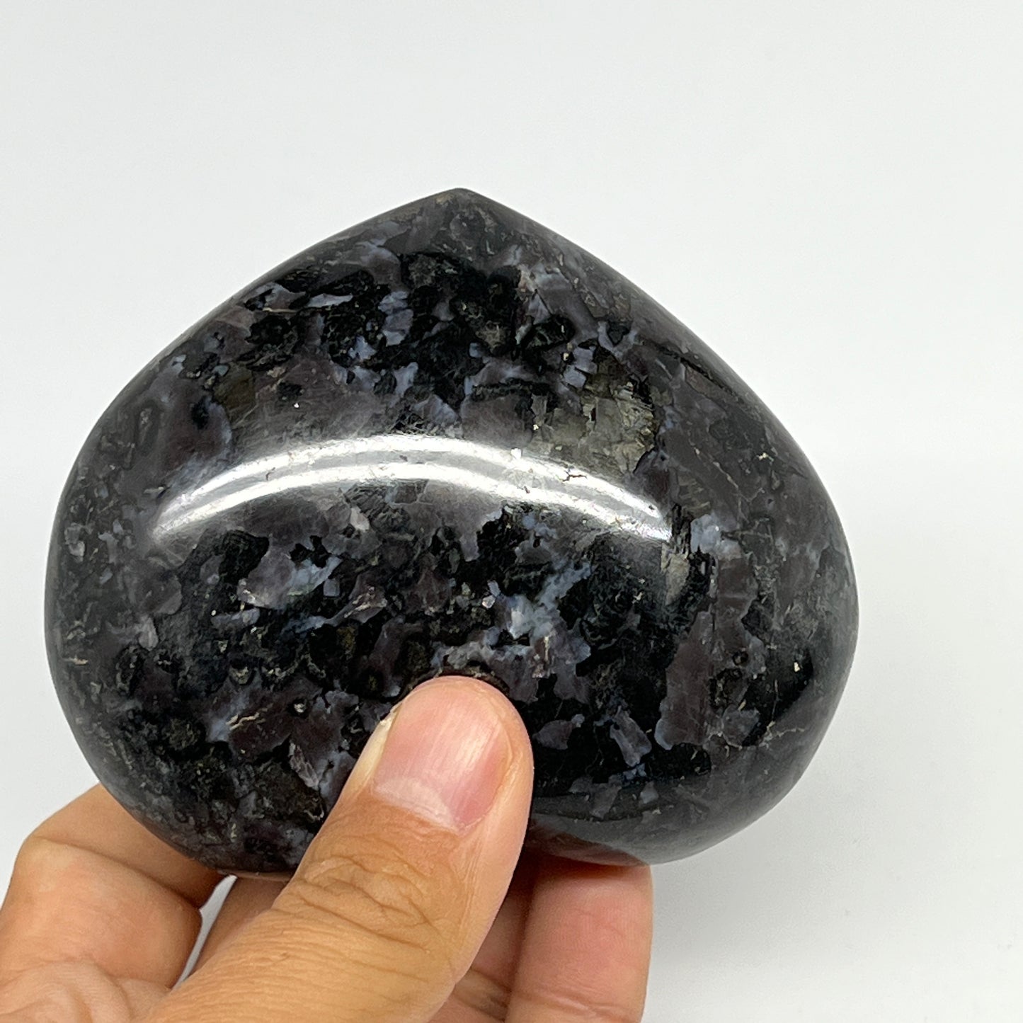 378g,3"x3.5"x1.4" Indigo Gabro Merlinite Heart Gemstone @Madagascar, B19954